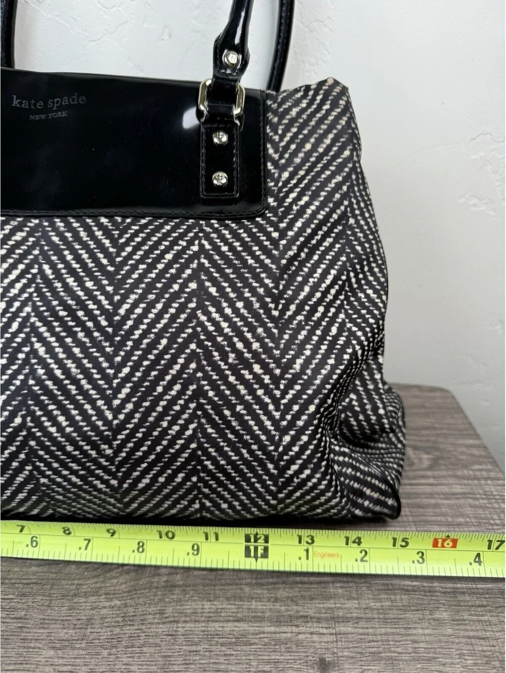 Kate Spade New York Black White Anisha Tote Patent Leather Nylon Chevron Handbag